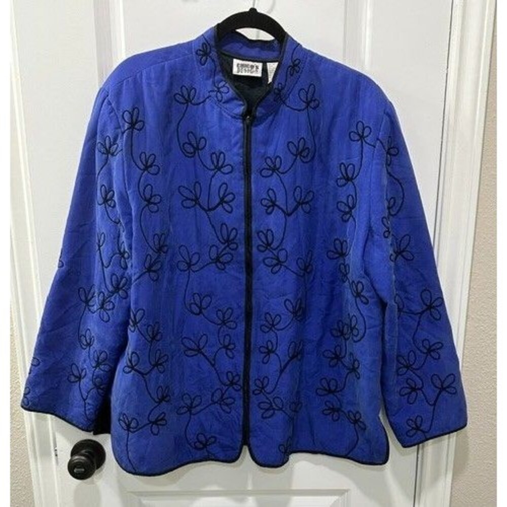 Vintage Chico's Design  90s Royal Blue 100 % Silk  Embroidered Jacket Sz 3 or XL